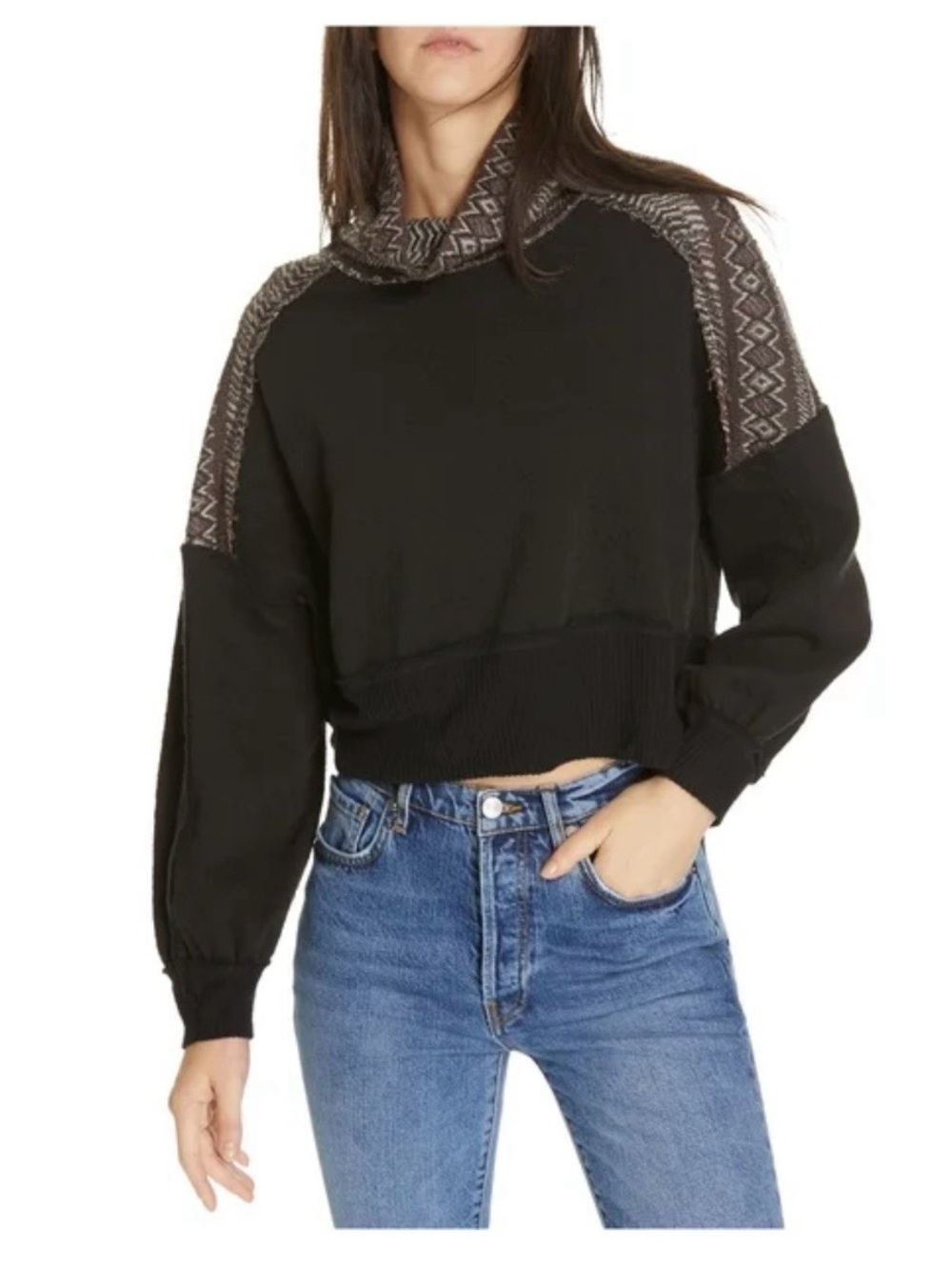 We The Free Black Cropped Cowl Sweater with Patterned Trim 0173